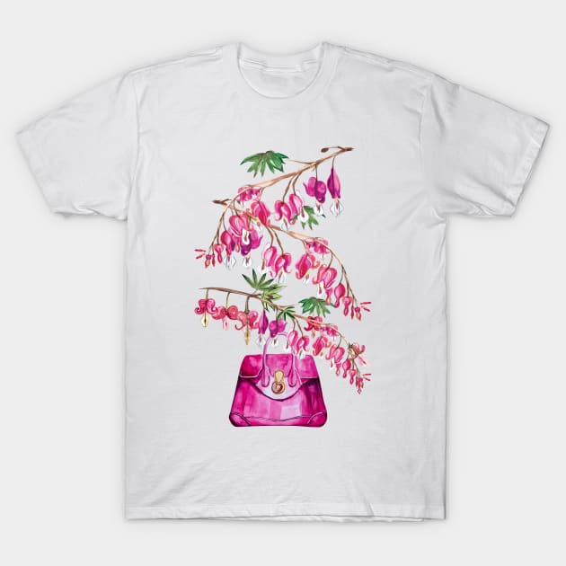 Pink Bleeding hearts leaning over pink bag, watercolor T-Shirt by IngaDesign